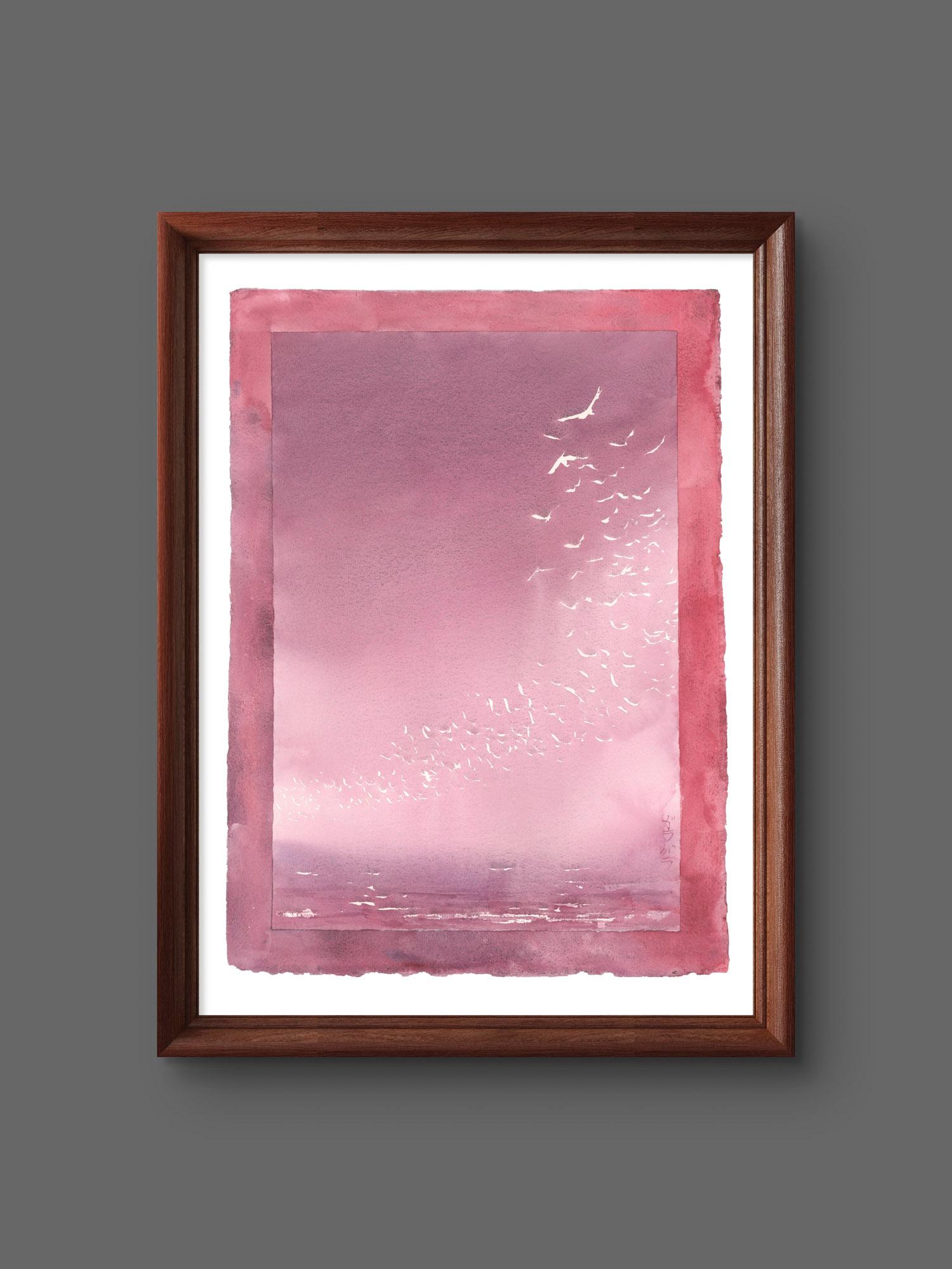 Ptaki - akwarela z kryształkami ametystu - 42x30cm