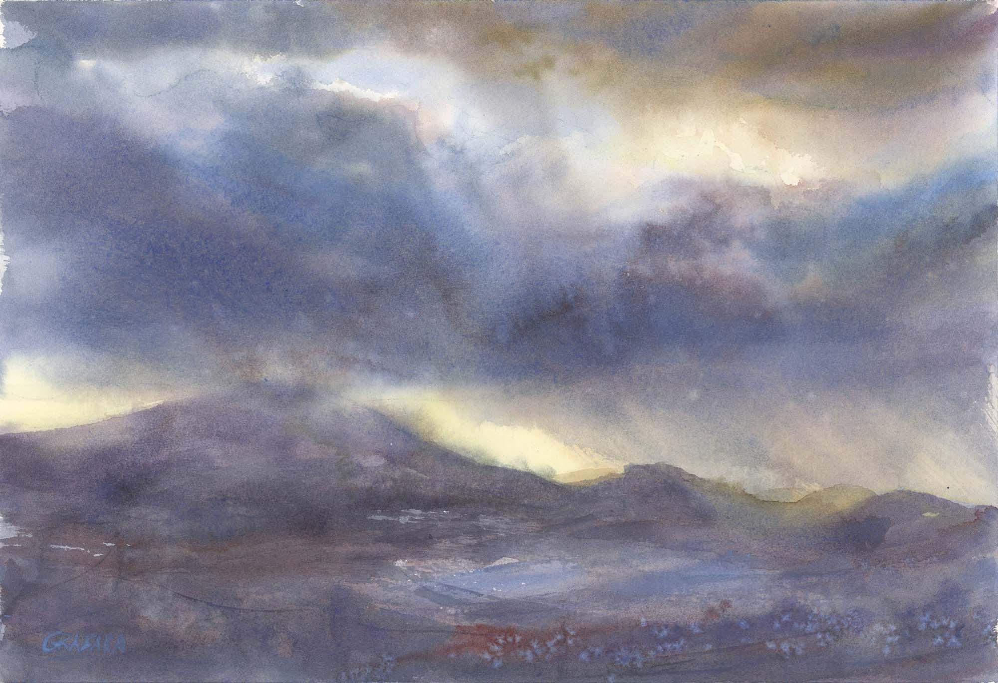 Zimowa impresja - Mała Czantoria w zachodzącym słońcu - akwarela - 42x30cm