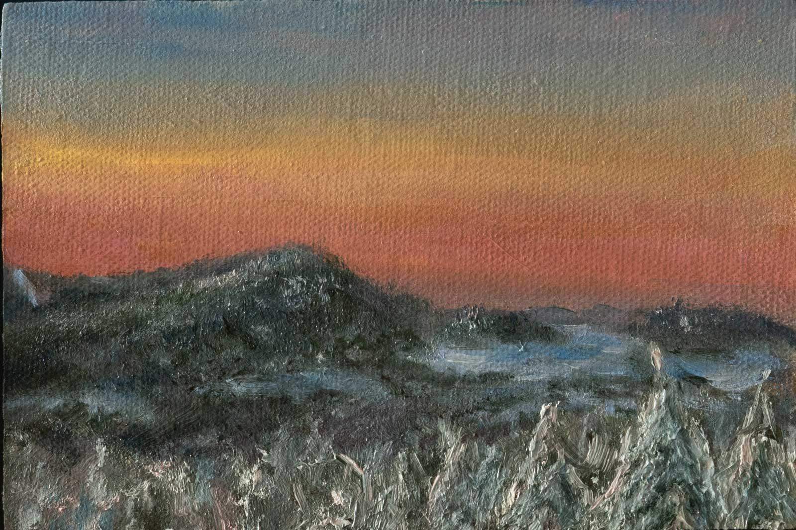 Impresja o Beskidzie przed wschodem słońca - olej na płótnie - 15x10cm - oprawiony