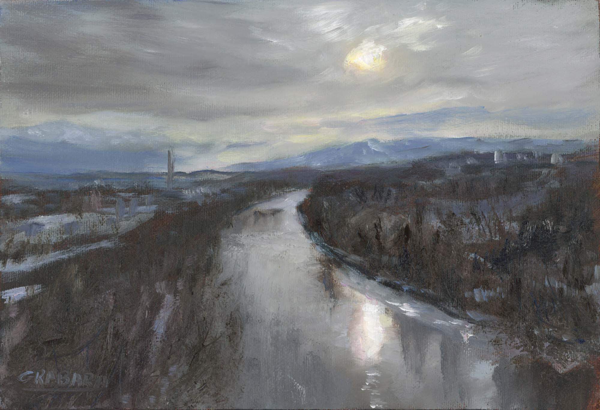 Olza - Widok na Cieszyn - olej na płótnie - 30x21cm - oprawiony