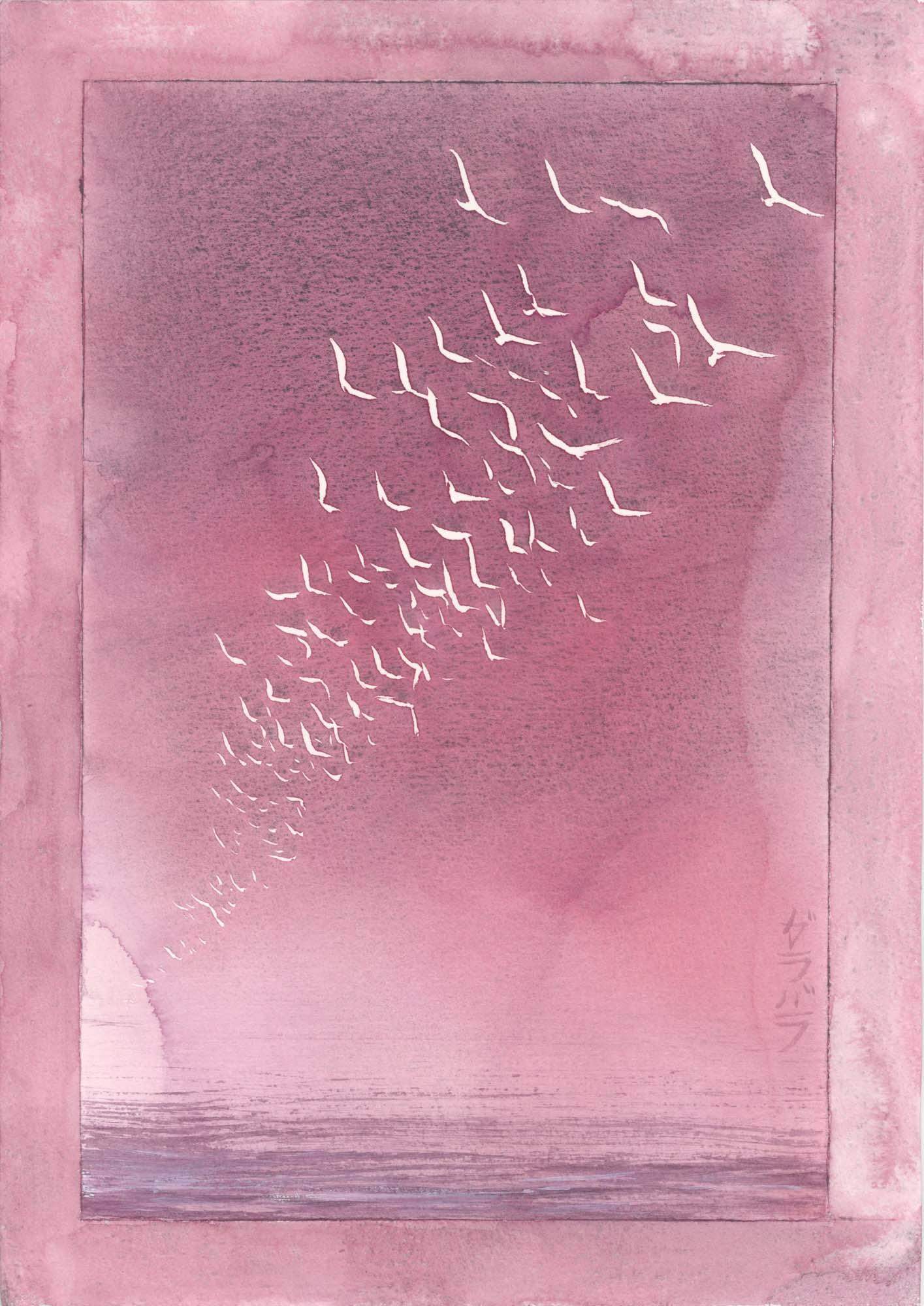 Ptaki akwarela z kryształkami ametystu - akwarela 30x21 cm