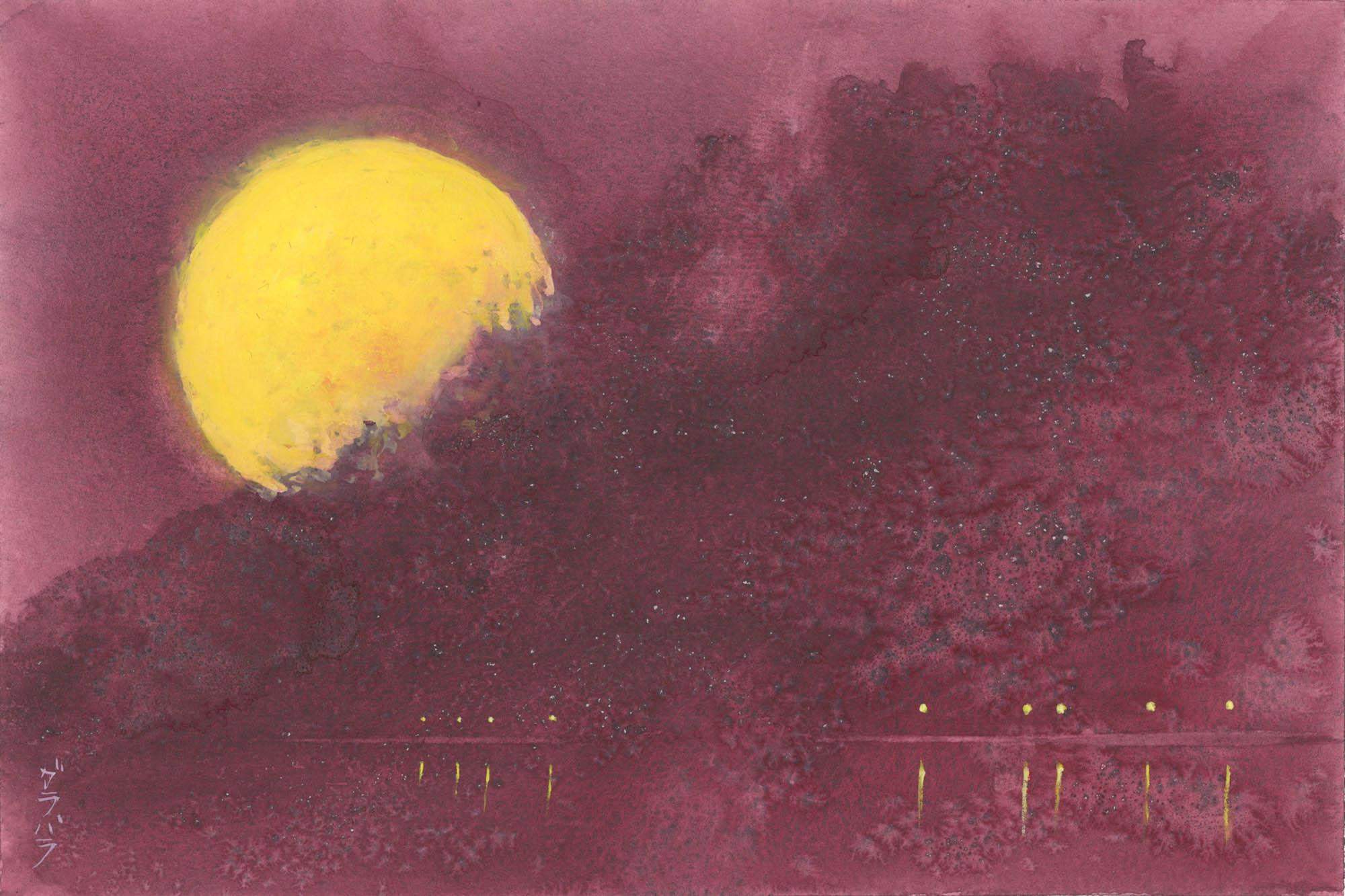 Wschód księżyca -  akwarela z kryształkami ametystu