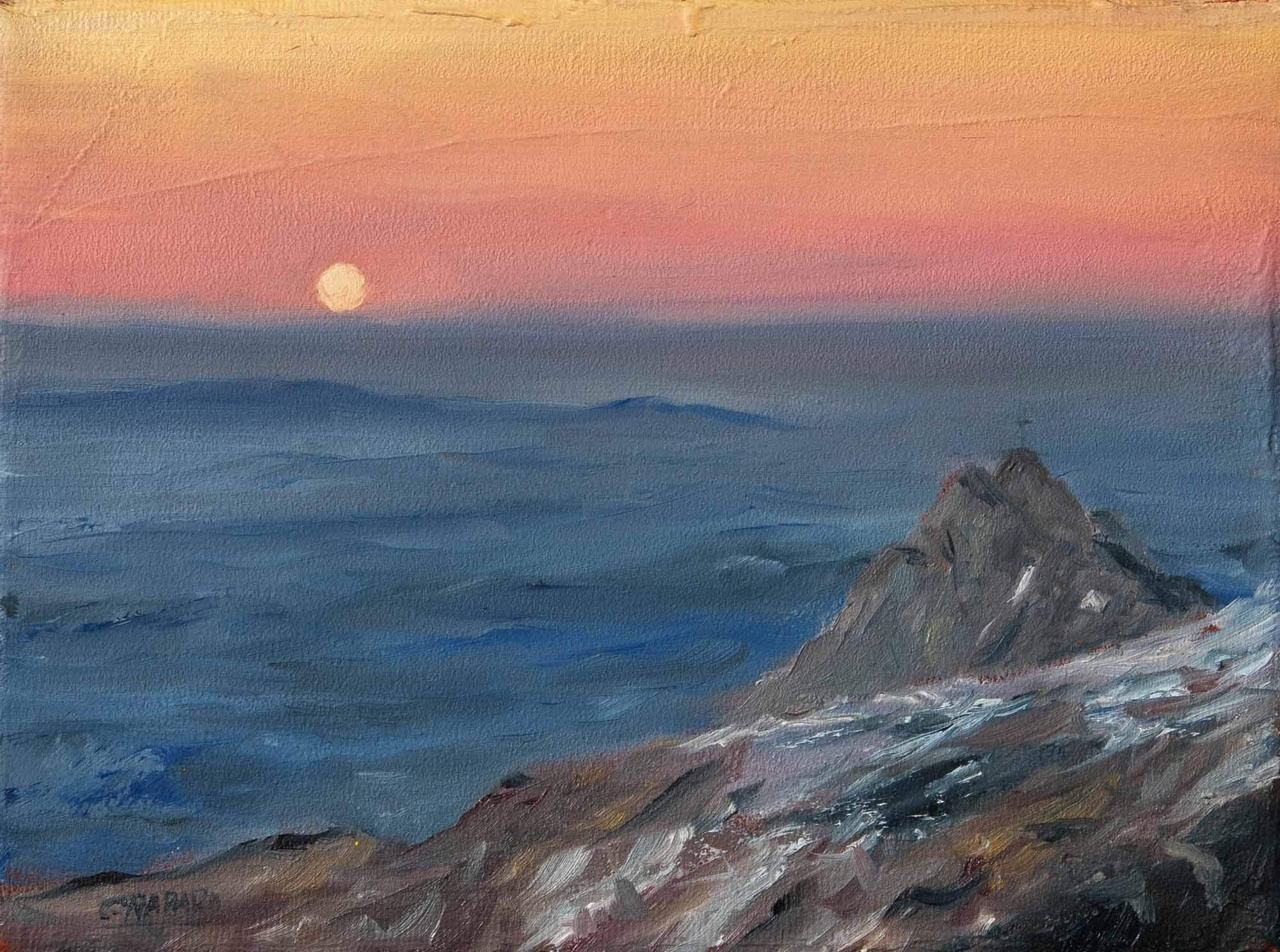 Wschód księżyca i Giewont - Malarstwo gór - olej na płótnie - 18x13cm - oprawiony